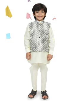 AJ Dezines - Boys Cotton Silk Embroidered Floral Stripe Kurta - Lemon (Set of 3)